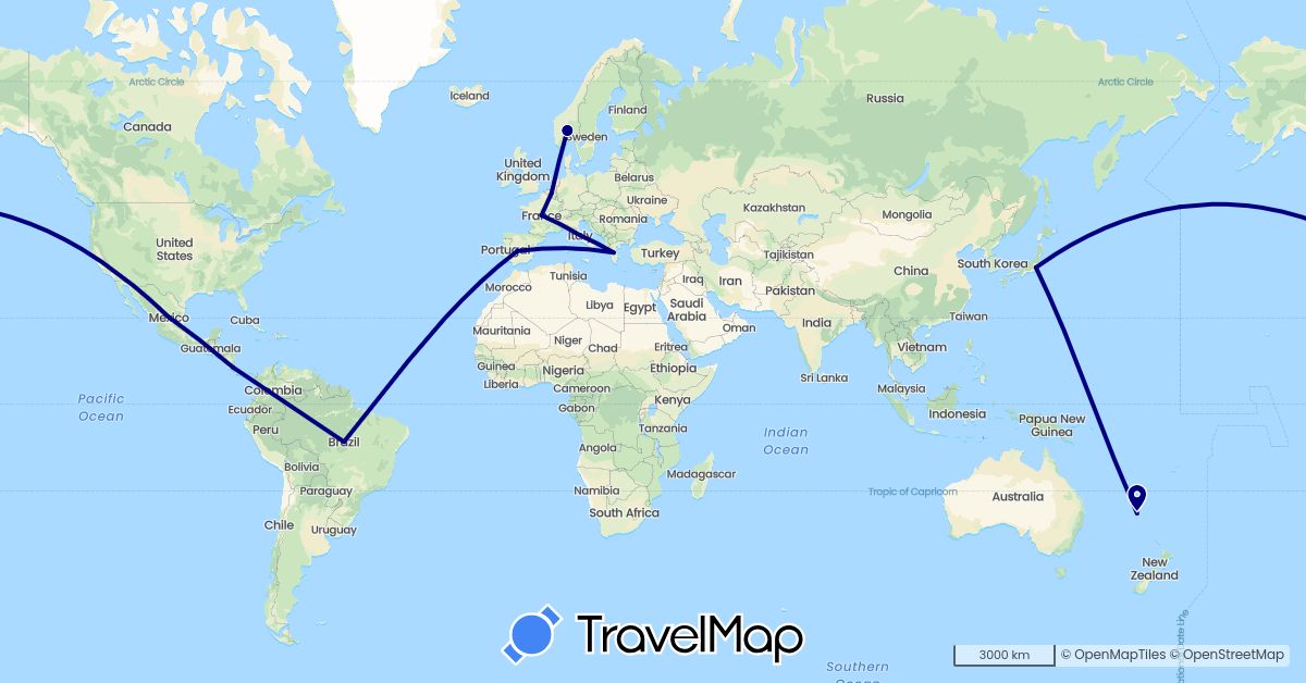 TravelMap itinerary: driving in Australia, Belgium, Brazil, Costa Rica, Spain, France, Greece, Italy, Japan, Mexico, Norway (Asia, Europe, North America, Oceania, South America)